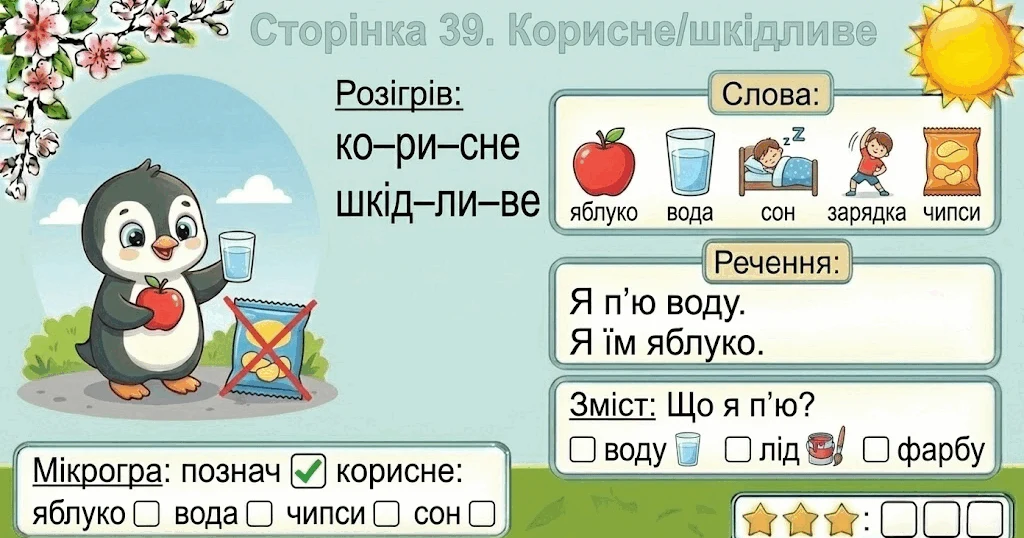 Прев’ю матеріалу «Читання по краплинці: 5 хвилинок щодня Сторінка 39. Корисне/шкідливе»