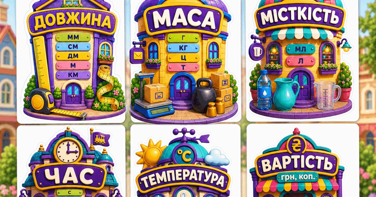 Прев’ю матеріалу ««Місто величин» — навчальні плакати для математичного куточка»