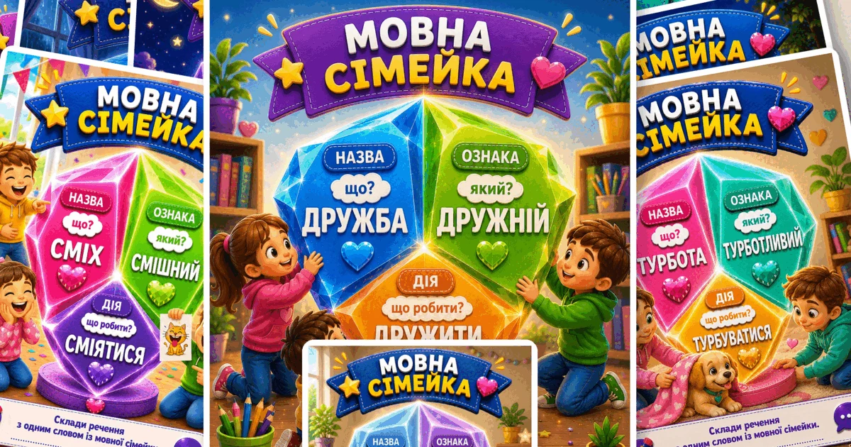 Прев’ю матеріалу «Мовні сімейки: назва, ознака, дія. Комплект із 10 яскравих плакатів»