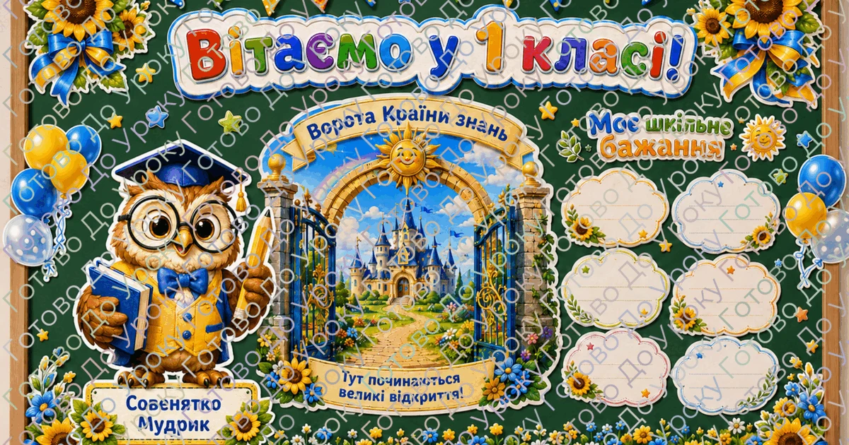 Прев’ю матеріалу «Перший урок у 1 класі “Подорож до Країни знань” + оформлення дошки + поробка»