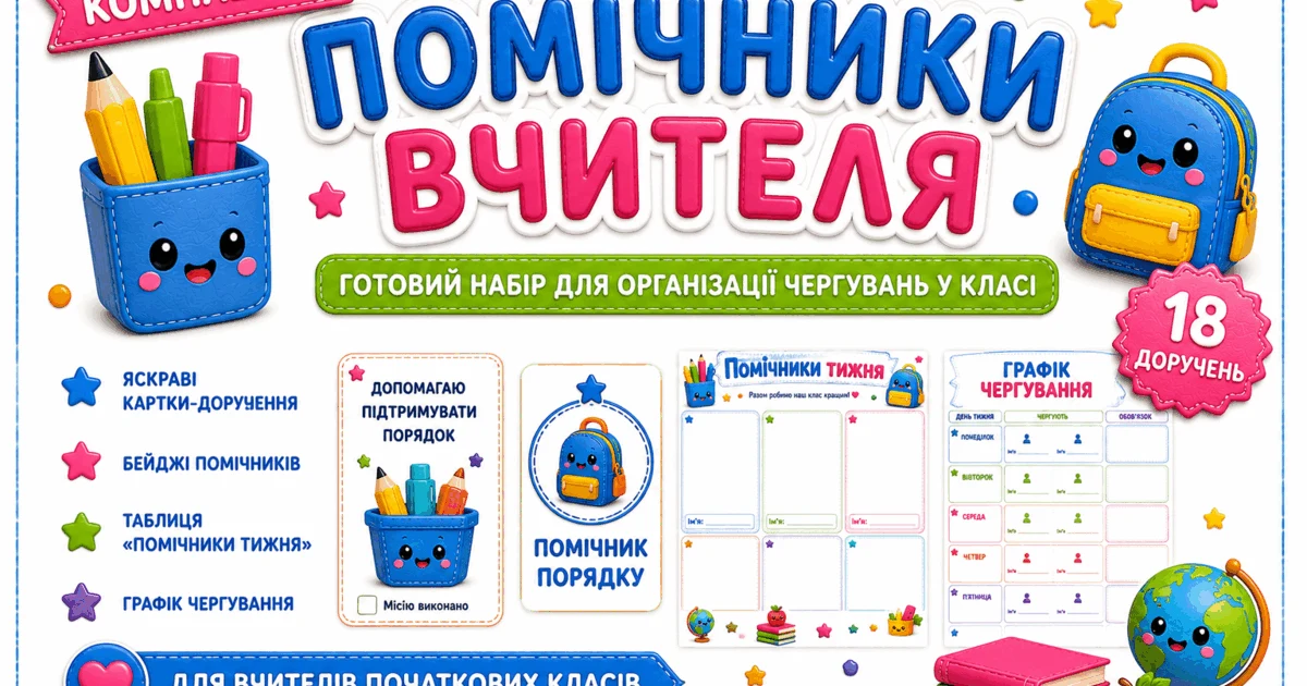 Прев’ю матеріалу «Помічники вчителя. Комплект для організації чергувань у класі»