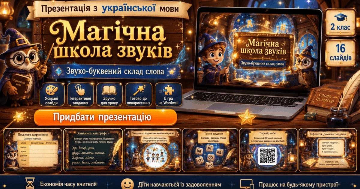 Прев’ю матеріалу «Презентація з української мови «Магічна школа звуків. Звуко-буквений аналіз слова»»