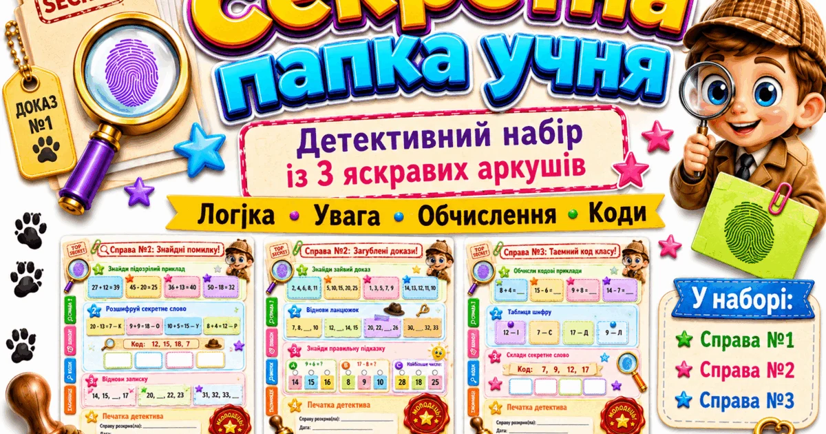 Прев’ю матеріалу «Секретна папка учня. Детективний набір із 3 яскравих аркушів»