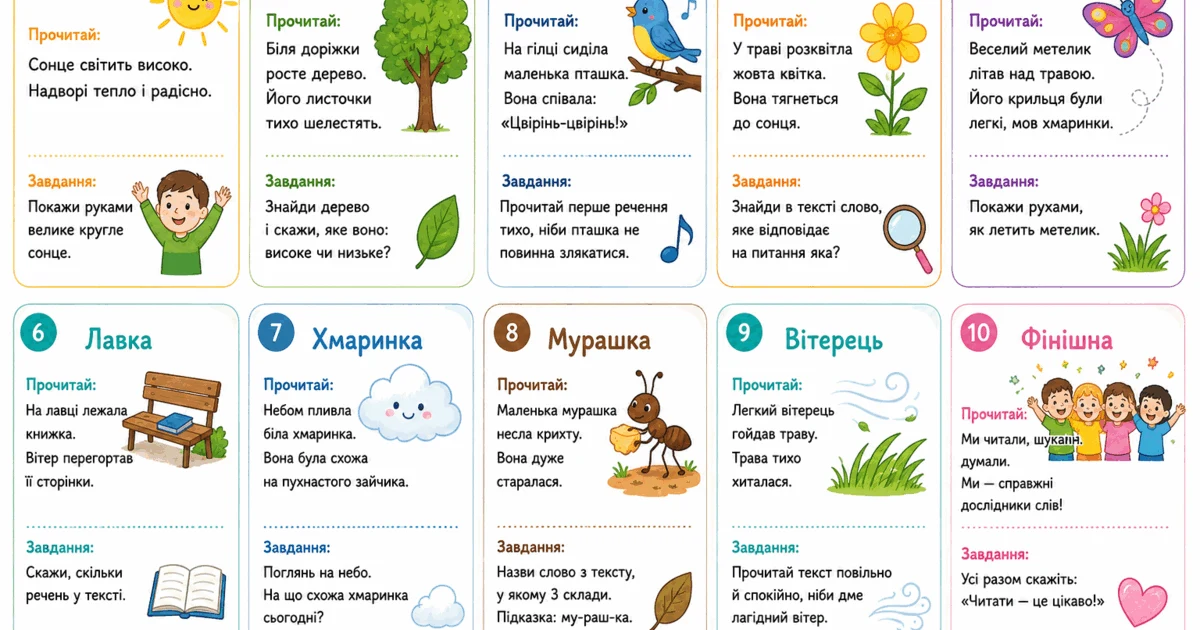 Прев’ю матеріалу «Урок читання на вулиці: цікаві картки та завдання для учнів початкової школи»
